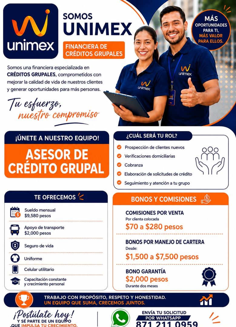 Banner del anuncio de la vacante: SOMOS · UNIMEX · unimex · FINANCIERA DE · CRÉDITOS GRUPALES · Somos una financiera especializada en · CRÉDITOS GRUPALES, comprometidos con ·