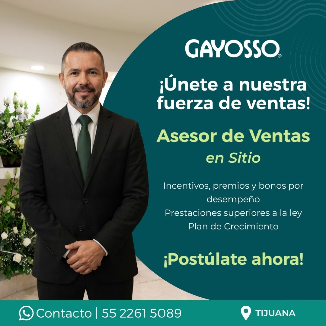 Banner del anuncio de la vacante: GAYOSSO. · ¡Únete a nuestra · fuerza de ventas! · Asesor de Ventas · en Sitio · Incentivos, premios y bonos por · desempeño · Prestaciones s