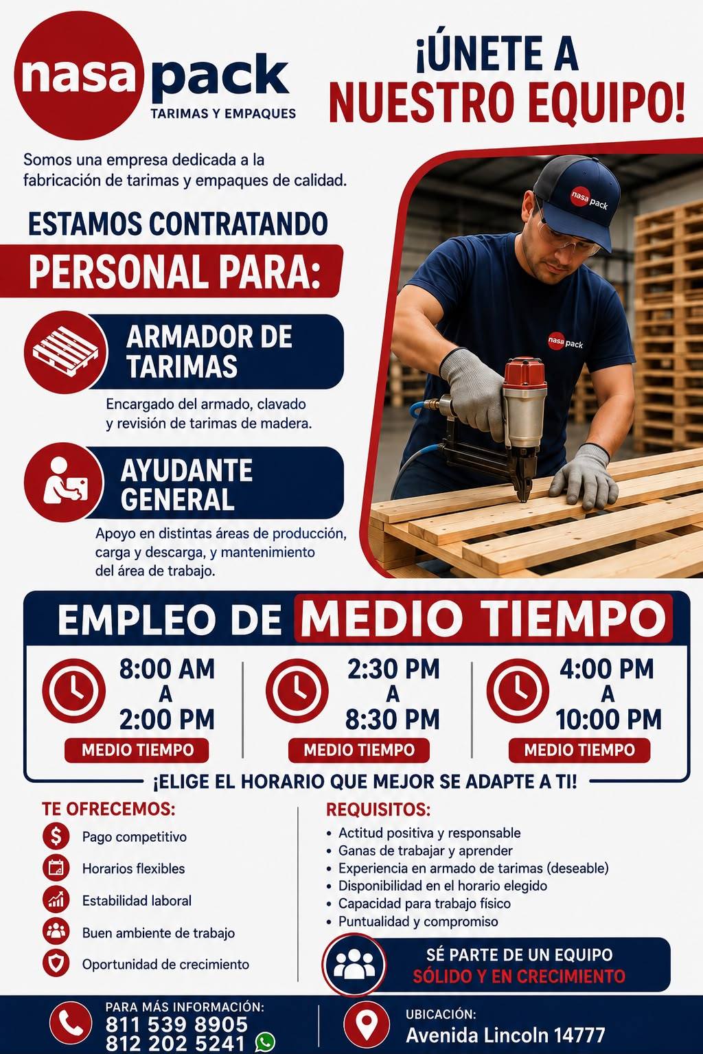 Banner del anuncio de la vacante: nasa · pack · TARIMAS Y EMPAQUES · ¡ÚNETE A · NUESTRO EQUIPO! · Somos una empresa dedicada a la · fabricación de tarimas y empaques de calid