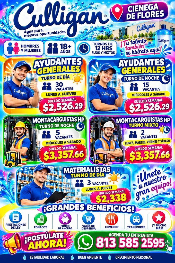 Banner del anuncio de la vacante: Culligan · CIENEGA · DE FLORES · Culligan · HOMBRES · Y MUJERES · Culligan · 18+ · AÑOS · AYUDANTES · GENERALES · TURNO DE DÍA · 30 · VACANT