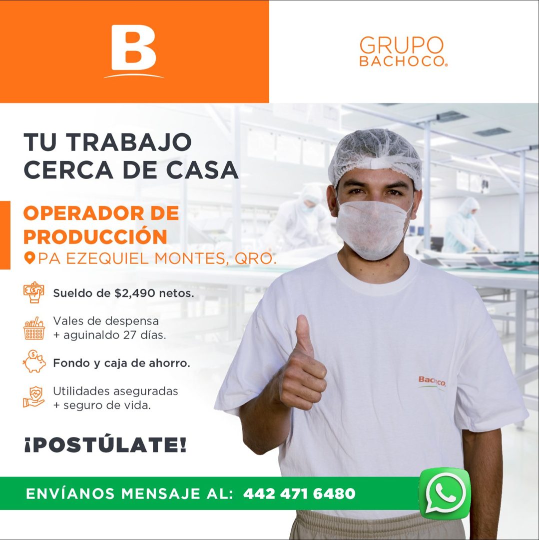 Banner del anuncio de la vacante: B · GRUPO · BACHOCO. · TU TRABAJO · CERCA DE CASA · OPERADOR DE · PRODUCCIÓN · OPA EZEQUIEL MONTES, QRO · Sueldo de $2,490 netos. · Vales de