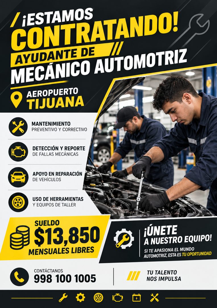 Banner del anuncio de la vacante: /¡ESTAMOS · CONTRATANDO! · AYUDANTE DE · MECANICO AUTOMOTRIZ · AEROPUERTO · TIJUANA · MANTENIMIENTO · PREVENTIVO Y CORRECTIVO · DETECCIÓN Y 