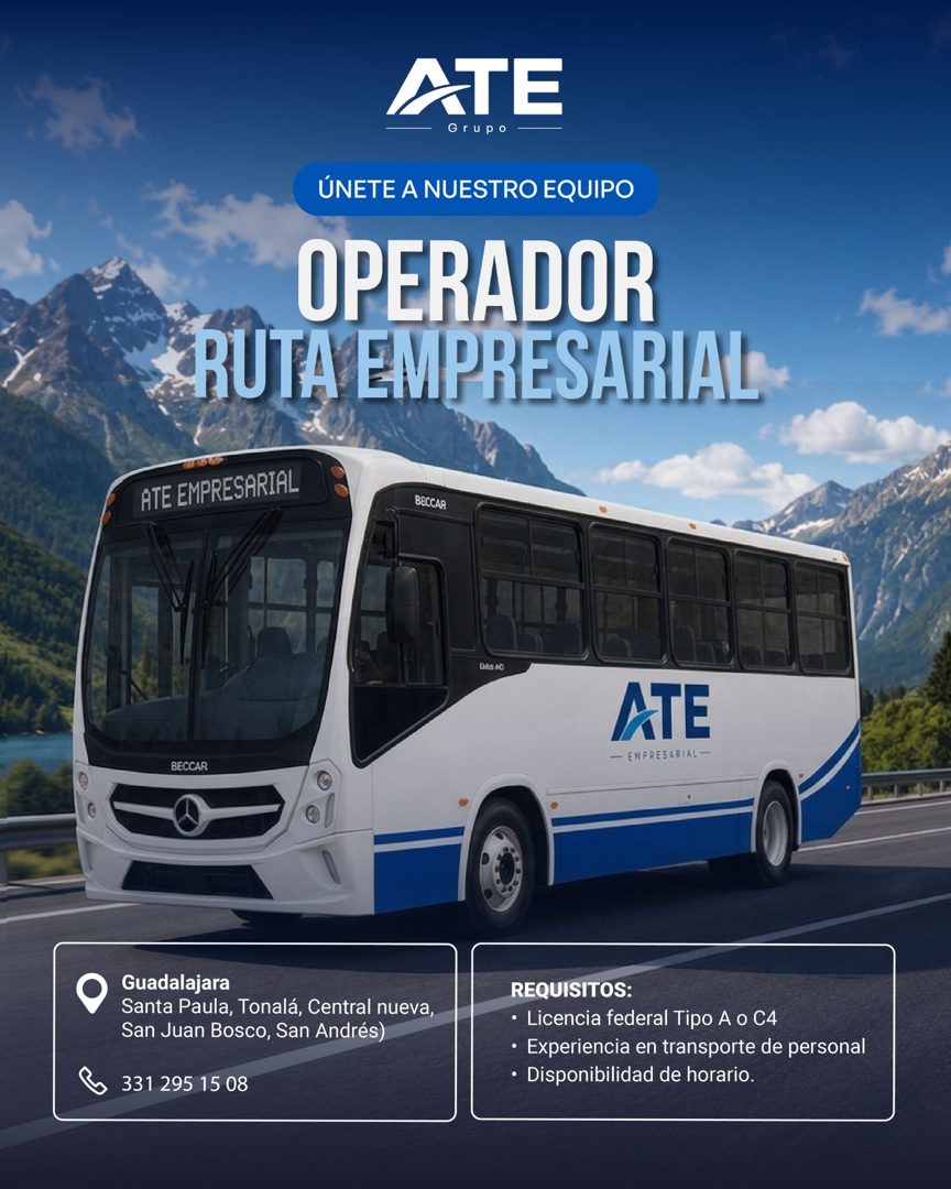 Banner del anuncio de la vacante: ATE · Grupo · ÚNETE A NUESTRO EQUIPO · OPERADOR · RUTA EMPRESARIAL · ATE EMPRESARIAL · BECCAR · Geo no · ATE · - ENFRESARIAL - · BECCAR · Gu