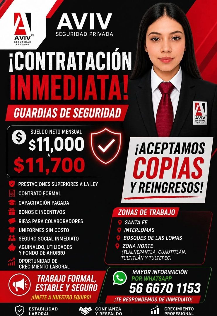 Banner del anuncio de la vacante: AVIV · SEGURIDAD PRIVADA · AVIV® · SEGURIDAD · PKIVADA · CONTRATACIÓN · INMEDIATA! · GUARDIAS DE SEGURIDAD · $ · SUELDO NETO MENSUAL · $11,0