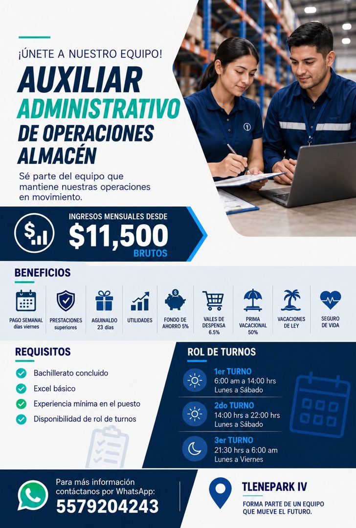 Banner del anuncio de la vacante: ¡ÚNETE A NUESTRO EQUIPO! · AUXILIAR · ADMINISTRATIVO · DE OPERACIONES · ALMACÉN · Sé parte del equipo que · mantiene nuestras operaciones · 