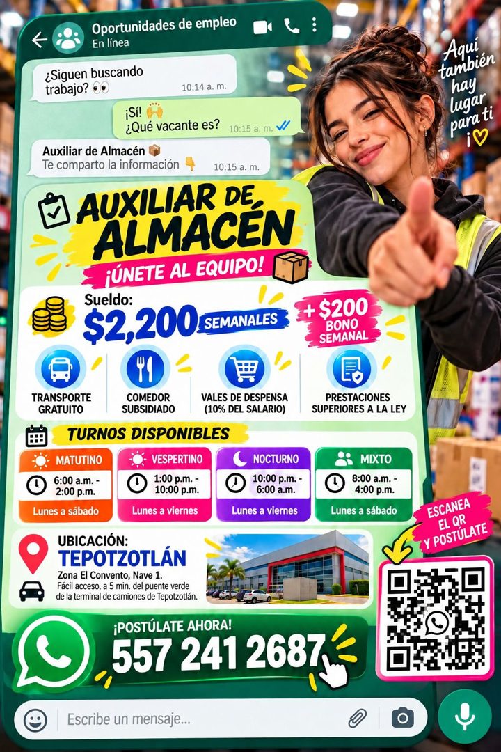 Banner del anuncio de la vacante: Oportunidades de empleo · En línea · ¿Siguen buscando · trabajo? • · 10:14 a. m. · ¡Sí! · ¿Qué vacante es? · 10:15 a. m. · Auxiliar de Almac