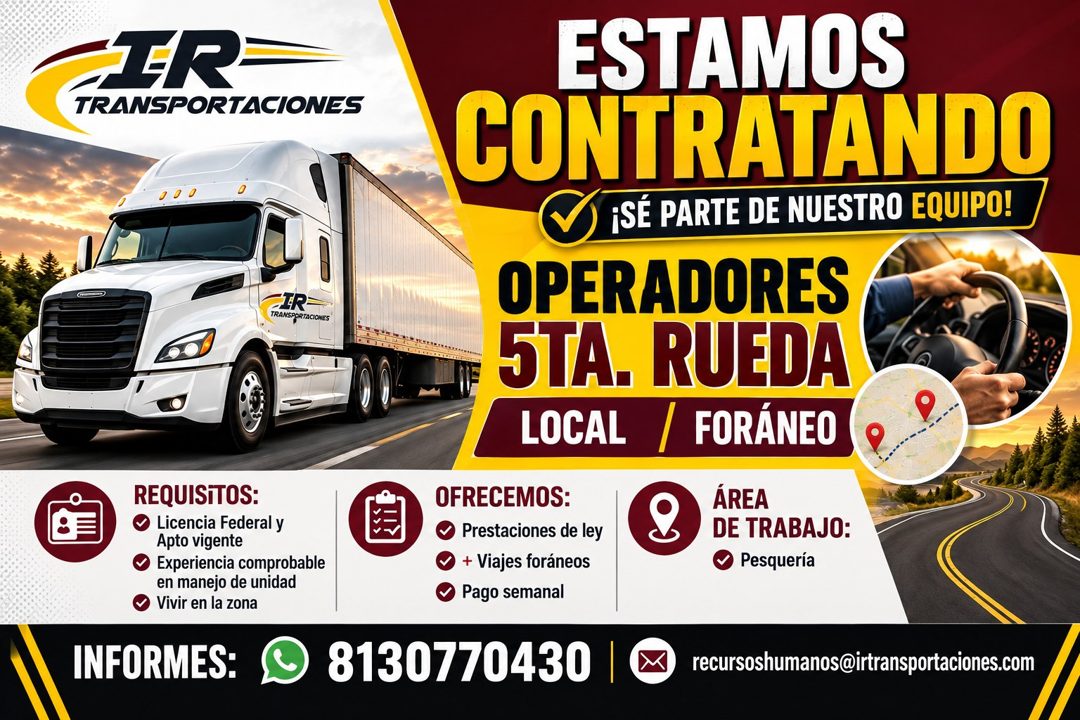 Banner del anuncio de la vacante: TR= · TRANSPORTACIONES · TR · TRANSPORTACIONES · REQUISITOS: · Licencia Federal y · Apto vigente · Experiencia comprobable · en manejo de un