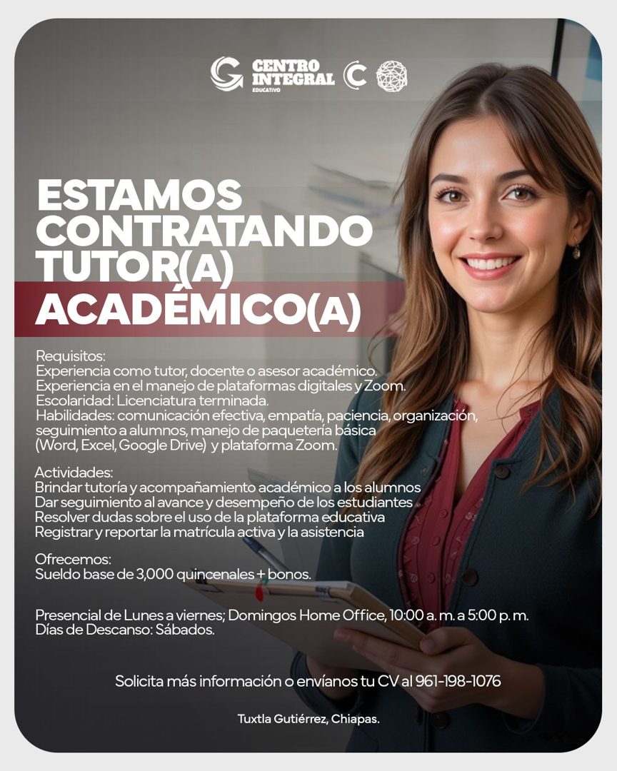 Banner del anuncio de la vacante: GENERAL C · LOUCATIVO · ESTAMOS · CONTRATANDO · TUTOR(A) · ACADEMICO(A) · Requisitos: · Experiencia como tutor, docente o asesor académico. 