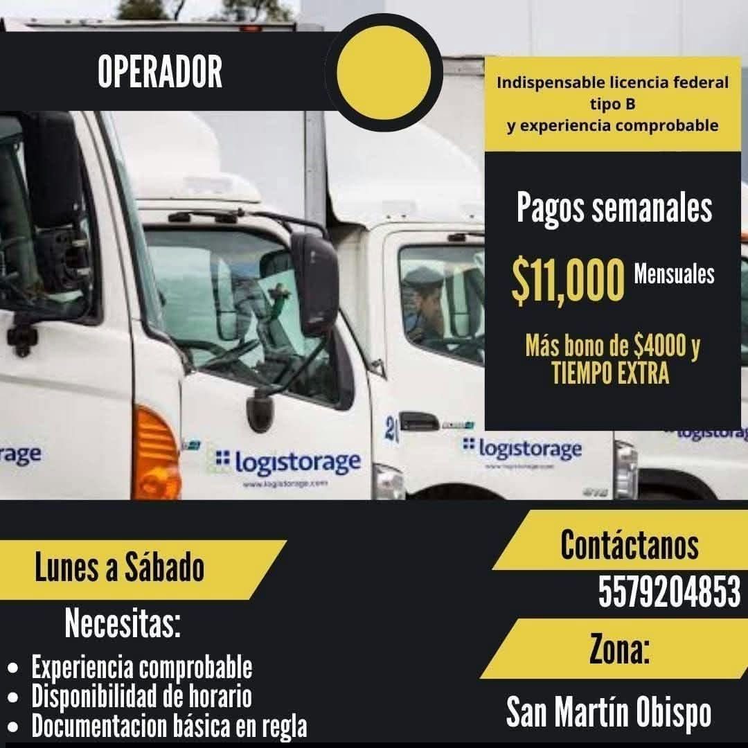 Banner del anuncio de la vacante: OPERADOR · rage · # logistorage · Lunes a Sábado · Necesitas: · • Experiencia comprobable · • Disponibilidad de horario · • Documentacion bá