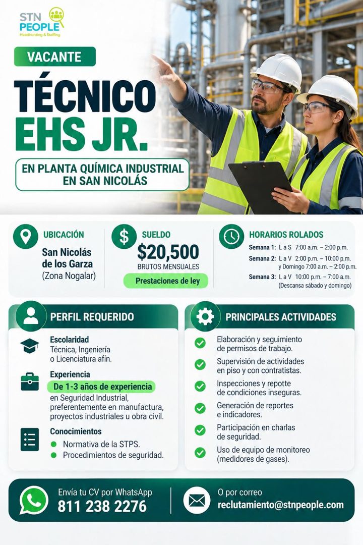 Banner del anuncio de la vacante: STN · PEOPLE · Headhunting & Staffing · VACANTE · TÉCNICO · EHS JR. · EN PLANTA QUÍMICA INDUSTRIAL · EN SAN NICOLÁS · UBICACIÓN · San Nicolá