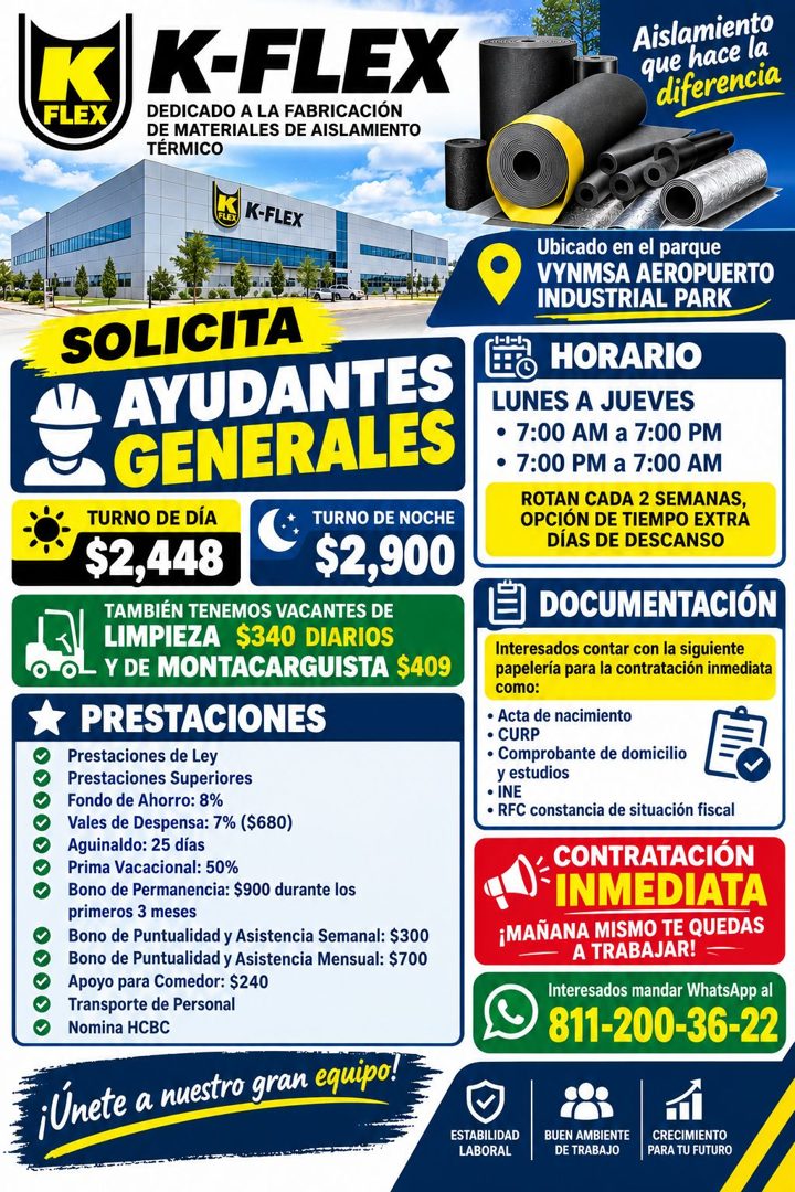 Banner del anuncio de la vacante: K · FLEX · K-FLEX · DEDICADO A LA FABRICACIÓN · DE MATERIALES DE AISLAMIENTO · TÉRMICO · Aislamiento · que hace la · diferencia · K-FLEX · S