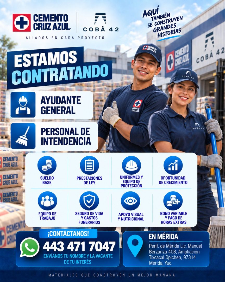 Banner del anuncio de la vacante: CEMENTO · CRUZ AZUL. · COBA 42 · ALIADOS EN CADA PROYECTO · AQUÍ · TAMBIÉN · SE CONSTRUYEN · GRANDES · HISTORIAS · A CRUZ AZDL · CEMENTO · E