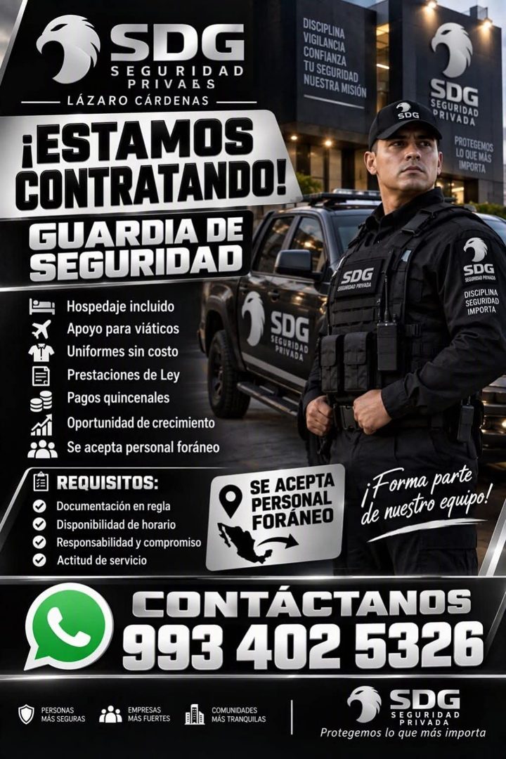 Banner del anuncio de la vacante: SDG · SEGURIDAD · PRIVASS · LÁZARO CÁRDENAS · ¡ESTAMOS · CONTRATANDO! · GUARDIA DE · SEGURIDAD · DISCIPLINA · VIGILANCIA · CONFIANZA · TU SE