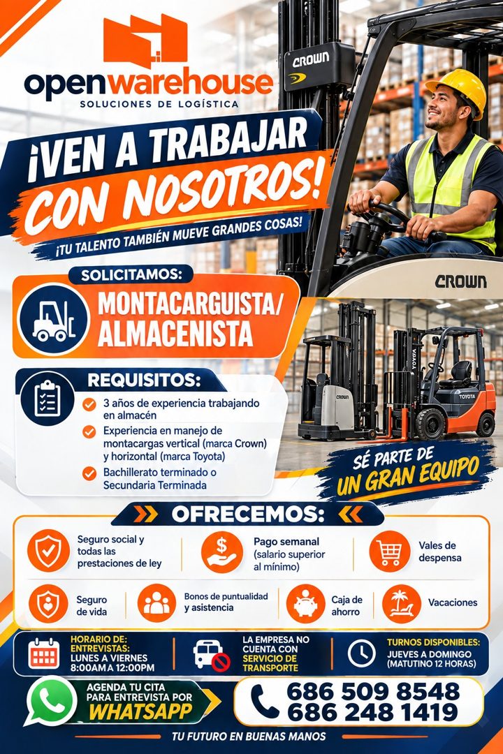 Banner del anuncio de la vacante: CROWn · openwarehouse · SOLUCIONES DE LOGÍSTICA · ¡VEN A TRABAJAR · CON NOSOTROS! · ¡TU TALENTO TAMBIÉN MUEVE GRANDES COSAS! · SOLICITAMOS: 