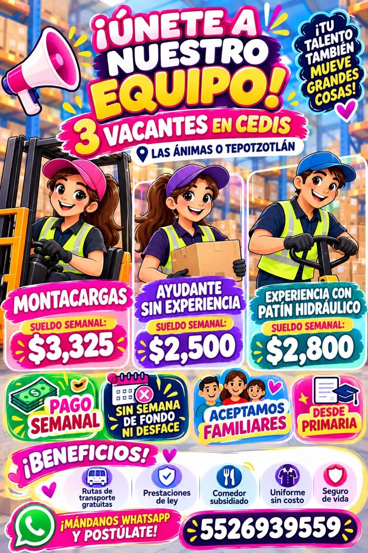 Banner del anuncio de la vacante: PÚNETE A · NUESTRO · EQUIPO! · 3 VACANTES EN CEDIS · 3 VACANTES ENCEDIS · LAS ÁNIMAS O TEPOTZOTLÁN · iTU · TALENTO · TAMBIEN · MUEVE · GRAND