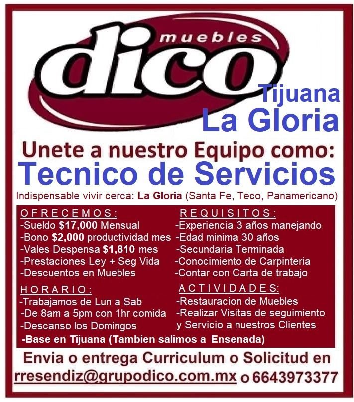 Banner del anuncio de la vacante: muebles · dico · Tijuana · La Gloria · Unete a nuestro Equipo como: · Tecnico de Servicios · Indispensable vivir cerca: La Gloria (Santa Fe,