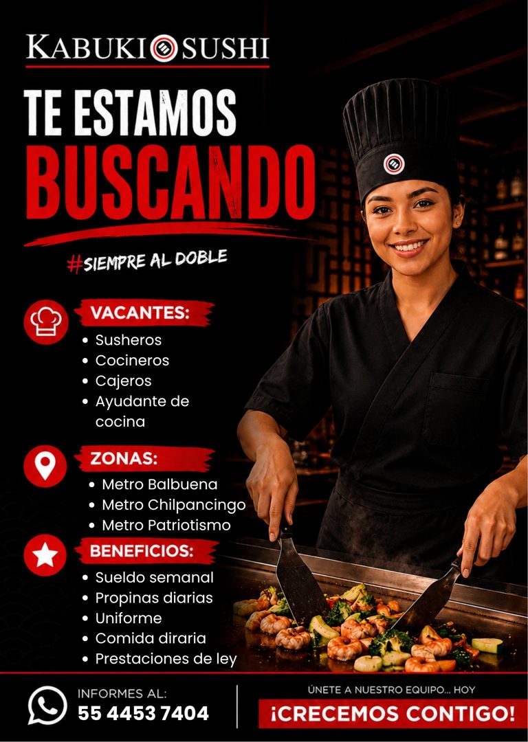 Banner del anuncio de la vacante: KABUKIOSUSHI · TE ESTAMOS · BUSCANDO · #SIEMPRE AL DOBLE · VACANTES: · • Susheros · • Cocineros · • Cajeros · • Ayudante de · cocina · ZONAS