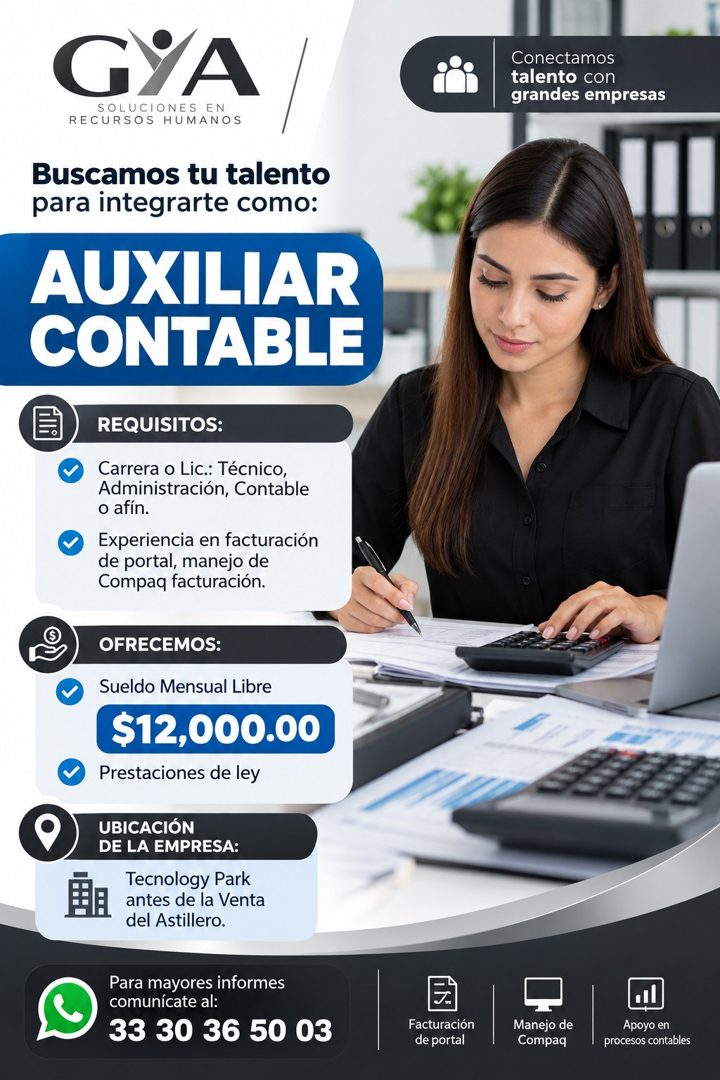 Banner del anuncio de la vacante: GYA · SOLUCIONES EN · RECURSOS HUMANOS · Buscamos tu talento · para integrarte como: · AUXILIAR · CONTABLE · Conectamos · talento con · gran