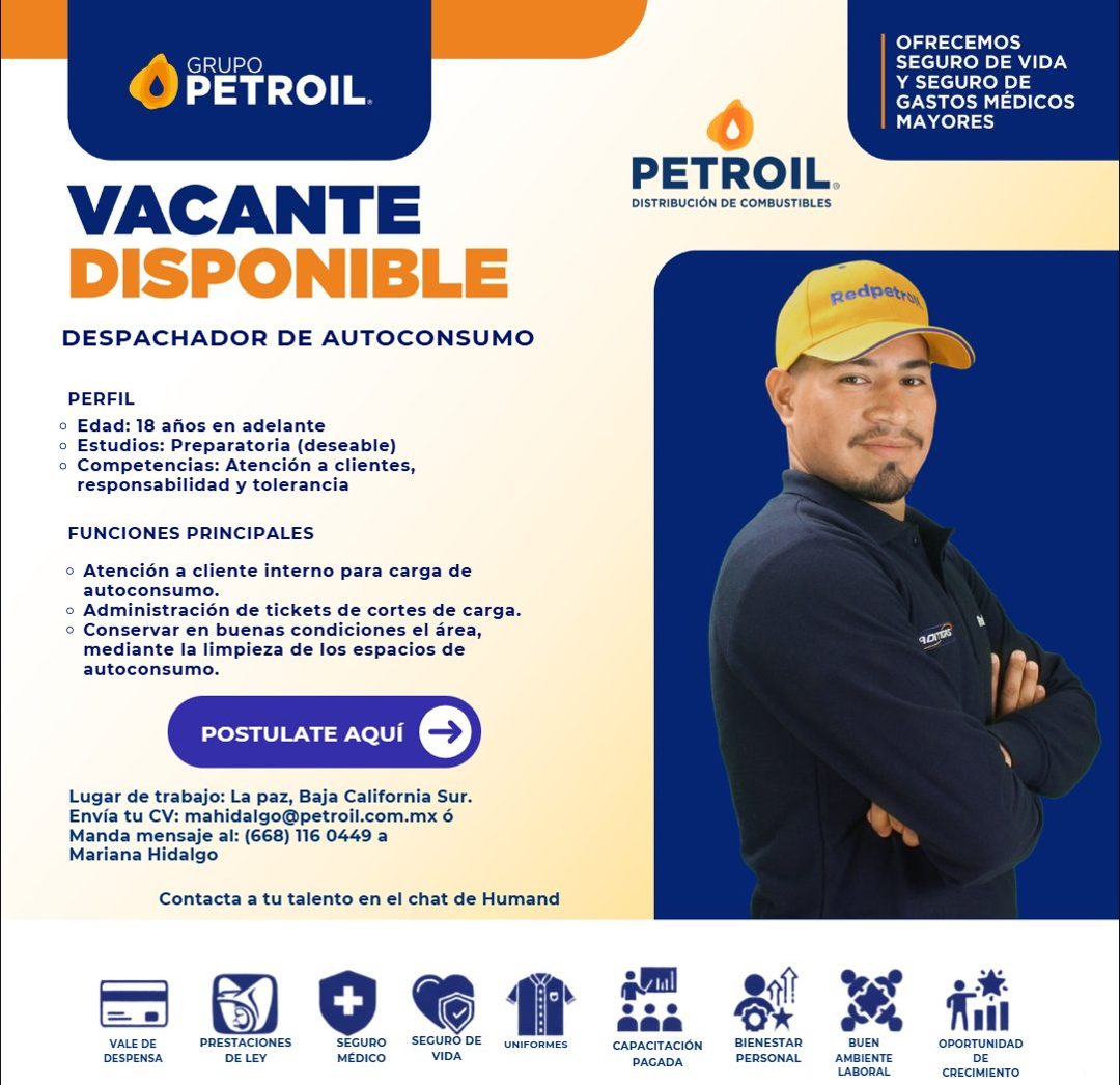 Banner del anuncio de la vacante: GRUPO · PETROIL. · OFRECEMOS · SEGURO DE VIDA · Y SEGURO DE · GASTOS MÉDICOS · MAYORES · PETROIL. · DISTRIBUCIÓN DE COMBUSTIBLES · VACANTE ·
