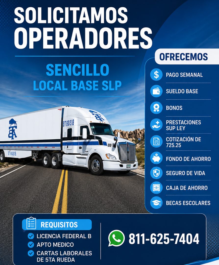 Banner del anuncio de la vacante: SOLICITAMOS · OPERADORES · OFRECEMOS · SENCILLO · LOCAL BASE SLP · $ · PAGO SEMANAL · SUELDO BASE · BT 80218 · ES-i · 31N0818 · BONOS · PRES