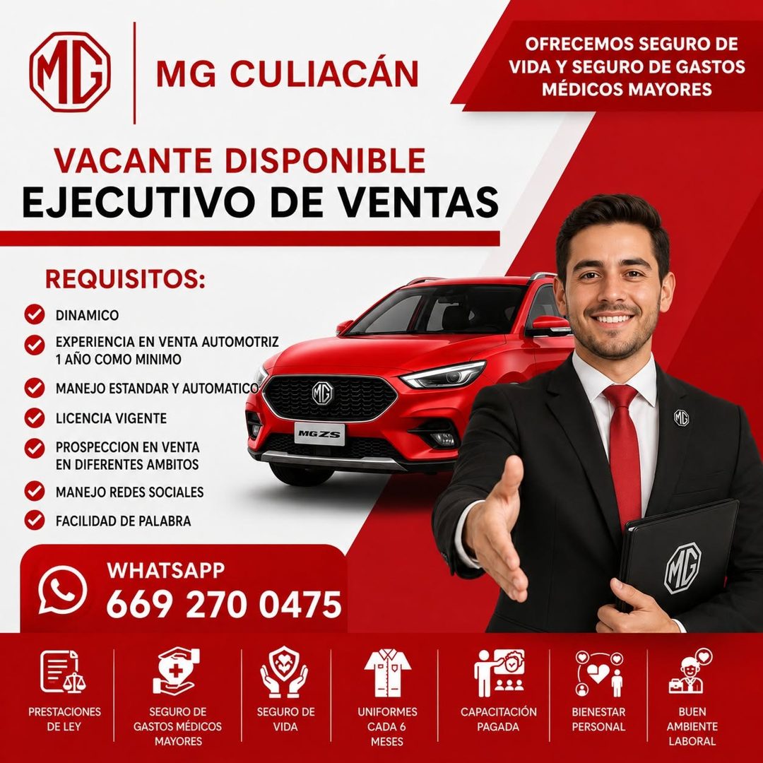 Banner del anuncio de la vacante: MG CULIACÁN · OFRECEMOS SEGURO DE · VIDA Y SEGURO DE GASTOS · MÉDICOS MAYORES · VACANTE DISPONIBLE · EJECUTIVO DE VENTAS · REQUISITOS: · DIN