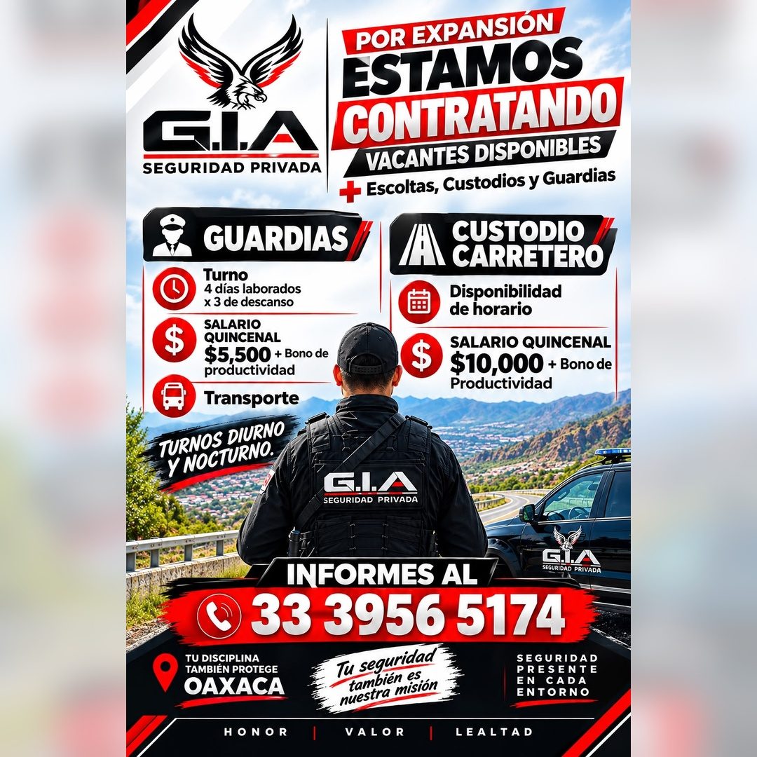 Banner del anuncio de la vacante: S.I.A · SEGURIDAD PRIVADA · GUARDIAS · Turno · 4 días laborados · x 3 de descanso · $ · SALARIO · QUINCENAL · $5,500 + Bono de · productivid