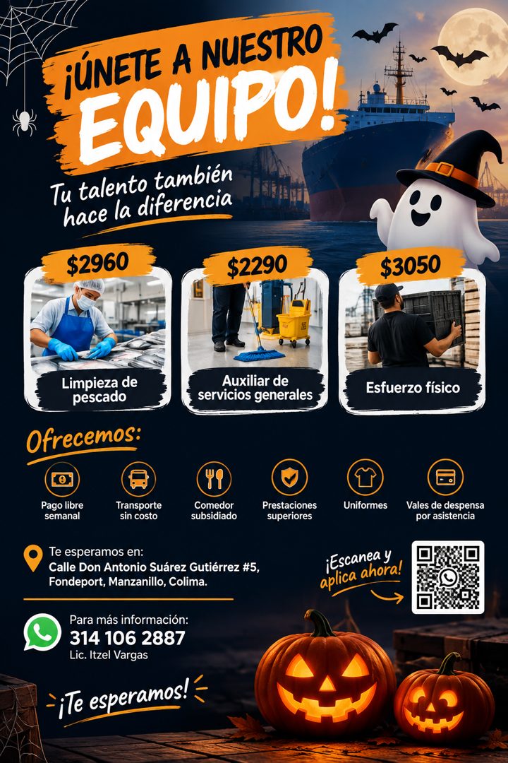 Banner del anuncio de la vacante: ¡ÚNETE A NUESTRO · EQUIPO! · Tu talento también · hace la diferencia · $2960 · $2290 · $3050 · Limpieza de · pescado · Ofrecemos: · Auxiliar