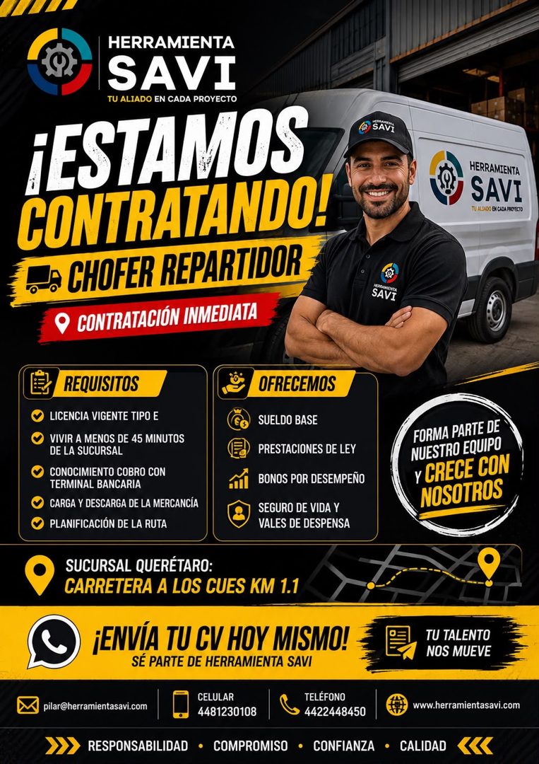 Banner del anuncio de la vacante: HERRAMIENTA · SAVI · TU ALIADO EN CADA PROYECTO · ¡ESTAMOS · CONTRATANDO! · CHOFER REPARTIDOR · CONTRATACIÓN INMEDIATA · SAVI · HERRAMIENTA 