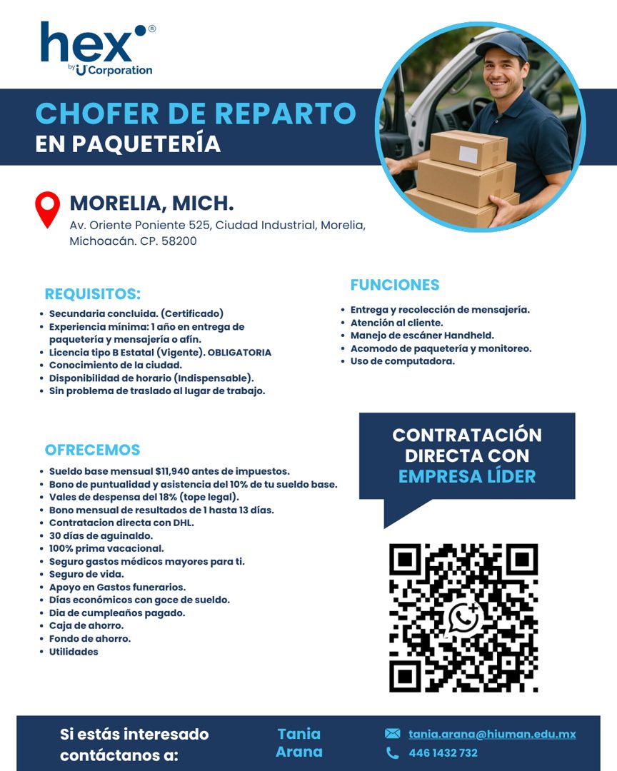Banner del anuncio de la vacante: hex®® · by U Corporation · CHOFER DE REPARTO · EN PAQUETERÍA · MORELIA, MICH. · Av. Oriente Poniente 525, Ciudad Industrial, Morelia, · Mich