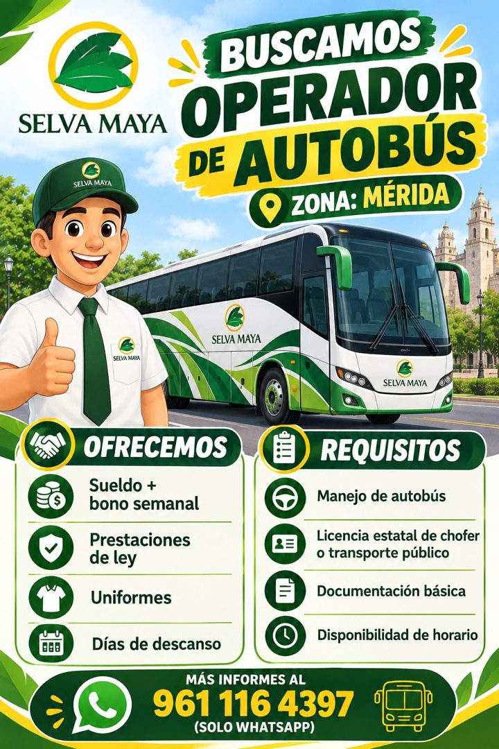 Banner del anuncio de la vacante: SELVA MAYA · SELVA MAYA · BUSCAMOS · OPERADOR · DE AUTOBÚS · ZONA: MÉRIDA · SELVA MAYA · SELVA MAYA · SELVA MAYA · OFRECEMOS · Sueldo + · bo
