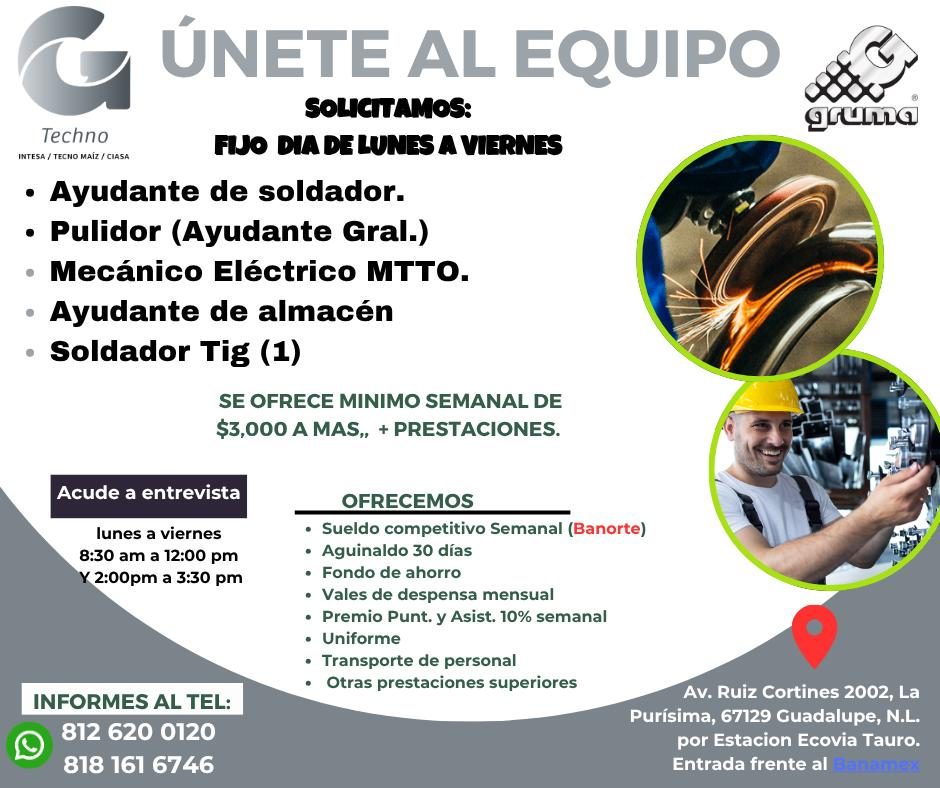 Banner del anuncio de la vacante: ¿ ÚNETE AL EQUIPO · SOLICITAMOS: · Techno · INTESA / TECNO MAÍZ / CIASA · FIJO DIA DE LUNES A VIERNES · • Ayudante de soldador. · • Pulidor 