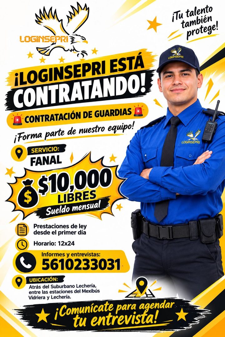 Banner del anuncio de la vacante: LOGINSEPR · iTu talento · también · protege! · iLOGINSEPRI ESTÁ · CONTRATANDO!: · *CONTRATACIÓN DE GUARDIAS · ¡Forma parte de nuestro equipo