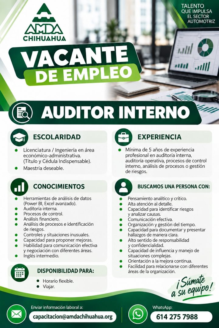 Banner del anuncio de la vacante: AMD · CHIHUAHUA · VACANTE · DE EMPLEO · TALENTO · QUE IMPULSA · EL SECTOR · AUTOMOTRIZ · Eo · AUDITOR INTERNO · ESCOLARIDAD · • Licenciatura