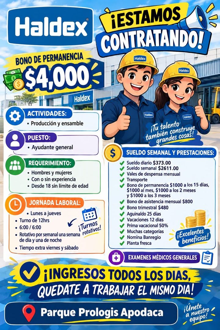 Banner del anuncio de la vacante: Haldex · ¡ESTAMOS · CONTRATANDO! · Haldex · BONO DE PERMANENCIA · $4.000 · Haldex · Haldex · ACTIVIDADES: · • Producción y ensamble · PUESTO