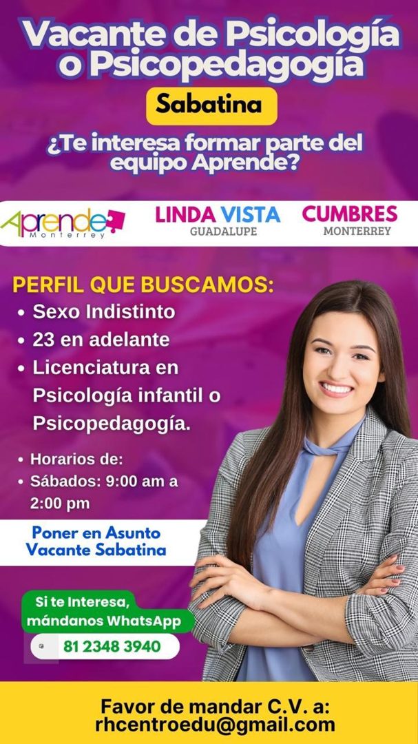 Banner del anuncio de la vacante: Vacante de Psicología · o Psicopedagogía · Sabatina · ¿Te interesa formar parte del · equipo Aprende? · Aprende · LINDA VISTA · GUADALUPE · 