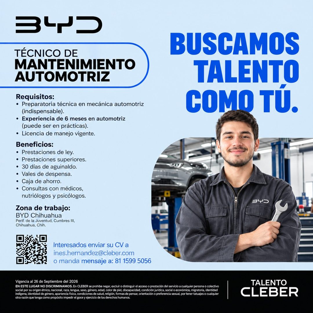 Banner del anuncio de la vacante: TÉCNICO DE · MANTENIMIENTO · AUTOMOTRIZ · Requisitos: · • Preparatoria técnica en mecánica automotriz · (indispensable). · • Experiencia de 