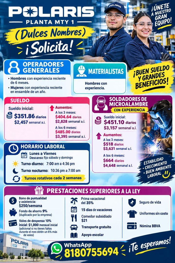 Banner del anuncio de la vacante: PELARIS · — PLANTA MTY 1 - · (Dulces Nombres) · ¡Solicita! · OPERADORES · GENERALES · • Hombres con experiencia reciente · de 6 meses. · • M