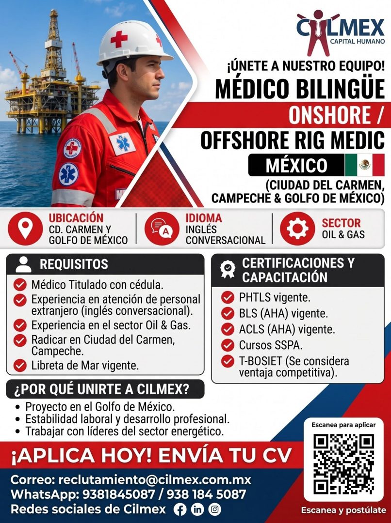 Banner del anuncio de la vacante: UBICACIÓN · CD. CARMEN Y · GOLFO DE MÉXICO · REQUISITOS · Médico Titulado con cédula. · Experiencia en atención de personal · extranjero (in