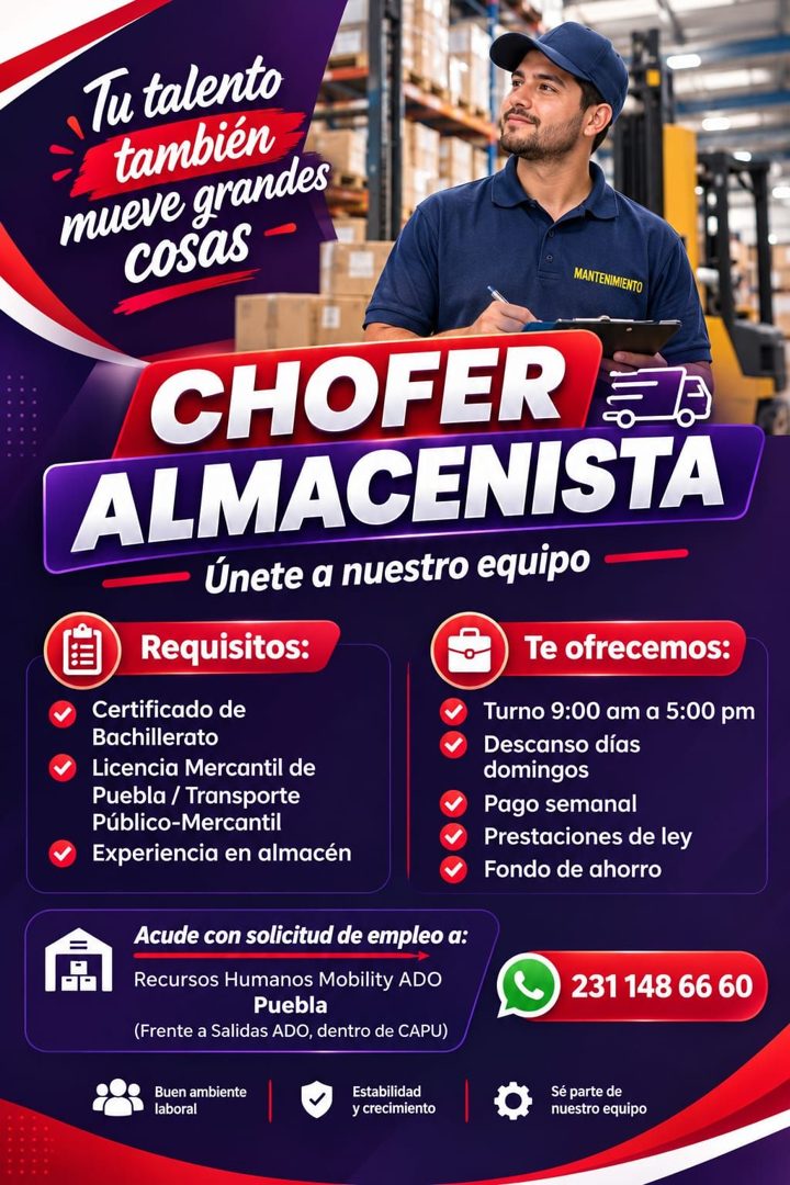 Banner del anuncio de la vacante: Tu talento · también · mueve grandes · cosas - · MANTENIMIENTO · CHOFER · ALMACENISTA · Únete a nuestro equipo · Requisitos: · Te ofrecemos:
