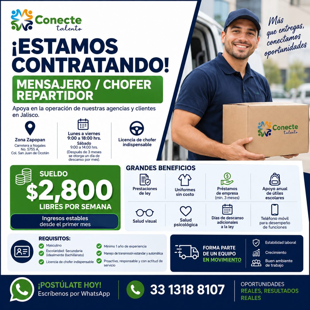 Banner del anuncio de la vacante: Conecte · talento · ¡ESTAMOS · CONTRATANDO! · MENSAJERO / CHOFER · REPARTIDOR · Apoya en la operación de nuestras agencias y clientes · en J