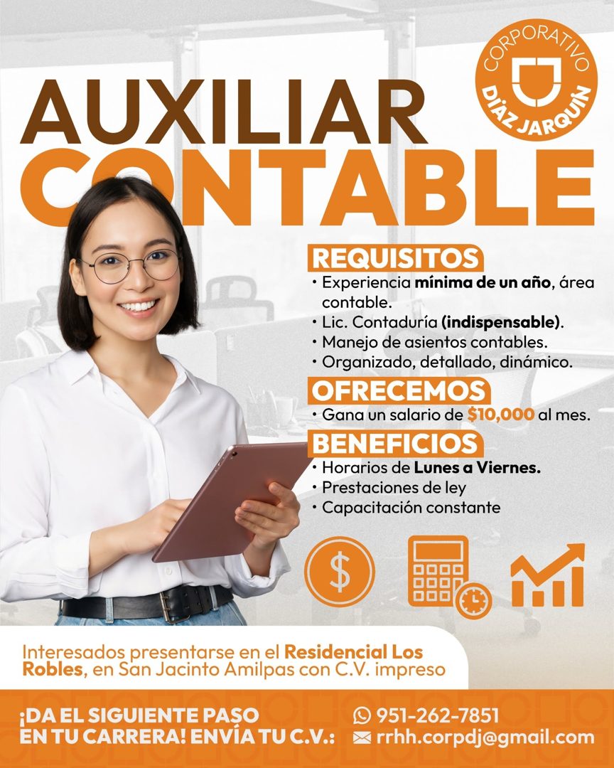Banner del anuncio de la vacante: AUXILIAR · CANTABLE · REQUISITOS · • Experiencia mínima de un año, área · contable. · • Lic. Contaduría (indispensable). · • Manejo de asien