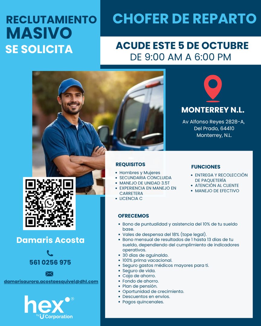Banner del anuncio de la vacante: RECLUTAMIENTO · MASIVO · SE SOLICITA · CHOFER DE REPARTO · ACUDE ESTE 5 DE OCTUBRE · DE 9:00 AM A 6:00 PM · MONTERREY N.L. · Av Alfonso Reye
