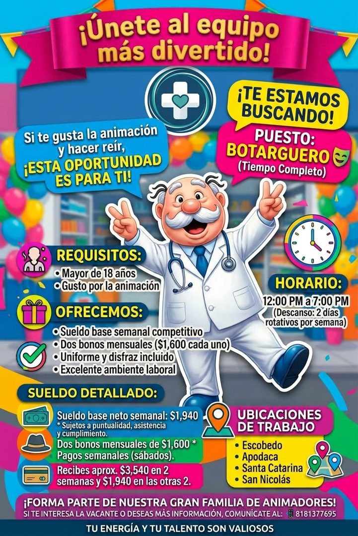 Banner del anuncio de la vacante: ¡Únete al equipo · más divertido! · Si te gusta la animación · y hacer reír, · ¡ESTA OPORTUNIDAD · ES PARA TU! · ¡TE ESTAMOS · BUSCANDO! · P