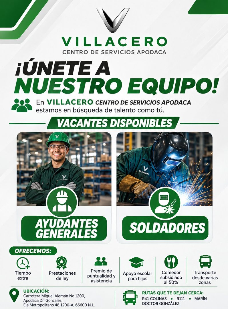 Banner del anuncio de la vacante: VILLACERO · CENTRO DE SERVICIOS APODACA · ¡ÚNETE A · NUESTRO EQUIPO! · En VILLACERO CENTRO DE SERVICIOS APODACA · estamos en búsqueda de tal