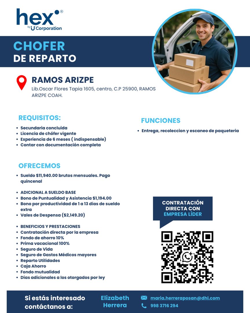 Banner del anuncio de la vacante: hex® · bU Corporation · CHOFER · DE REPARTO · RAMOS ARIZPE · Lib.Oscar Flores Tapia 1605, centro, C.P 25900, RAMOS · ARIZPE COAH. · REQUISIT