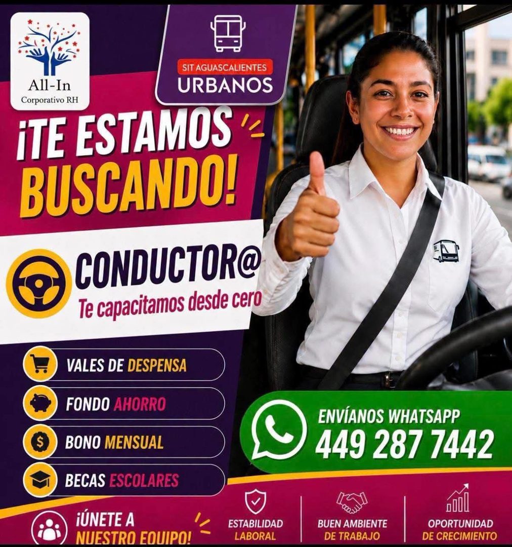 Banner del anuncio de la vacante: SIT AGUASCALIENTES · All-In · URBANOS · Corporativo RH · iTE ESTAMOS · BUSCANDO! · CONDUCTOR@ · Te capacitamos desde cero · VALES DE DESPENS