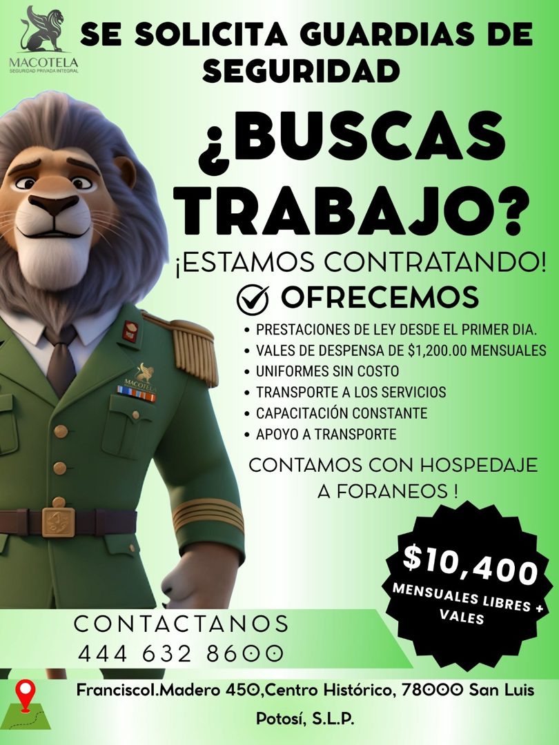 Banner del anuncio de la vacante: MACOTELA · SEGURIDAD PRIVADA INTEGRAL · SE SOLICITA GUARDIAS DE · SEGURIDAD · MACOTEL · ¿BUSCAS · TRABAJO? · ¡ESTAMOS CONTRATANDO! · OFRECEM