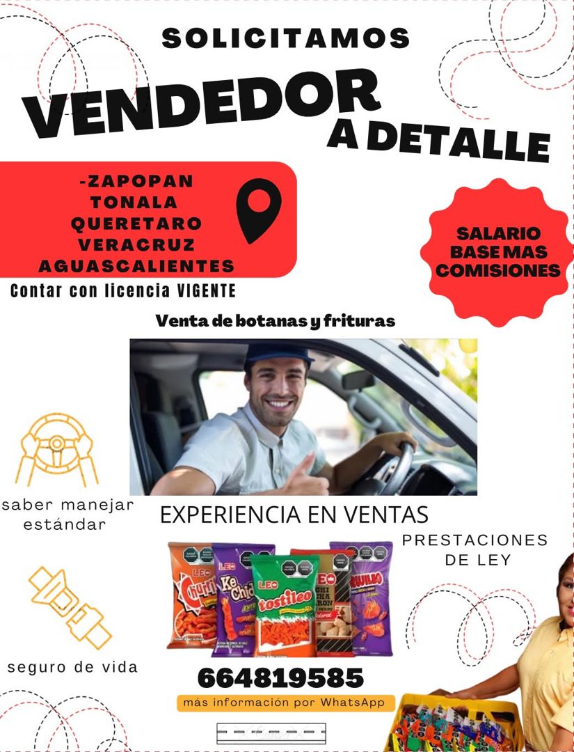 Banner del anuncio de la vacante: SOLICITAMOS · VENDEDOR · A DETALLE · -ZAPOPAN · TONALA · QUERETARO · VERACRUZ · AGUASCALIENTES · Contar con licencia VIGENTE · Venta de bota