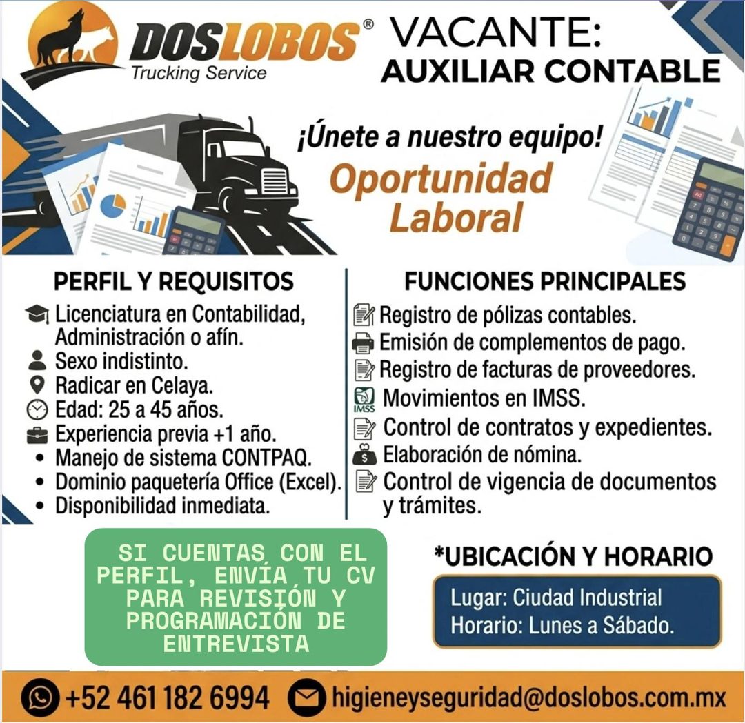 Banner del anuncio de la vacante: DOSLOBOS® VACANTE: · Trucking Service · AUXILIAR CONTABLE · ¡Únete a nuestro equipo! · Oportunidad · Laboral · PERFIL Y REQUISITOS · • Licen