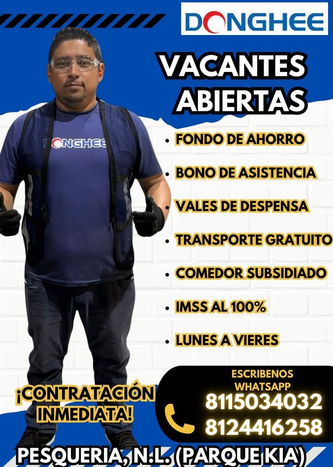 Banner del anuncio de la vacante: DONGHEE · VACANTES · ABIERTAS · ONGHEE · • FONDO DE AHORRO · • BONO DE ASISTENCIA · • VALES DE DESPENSA · • TRANSPORTE GRATUITO · • COMEDOR 
